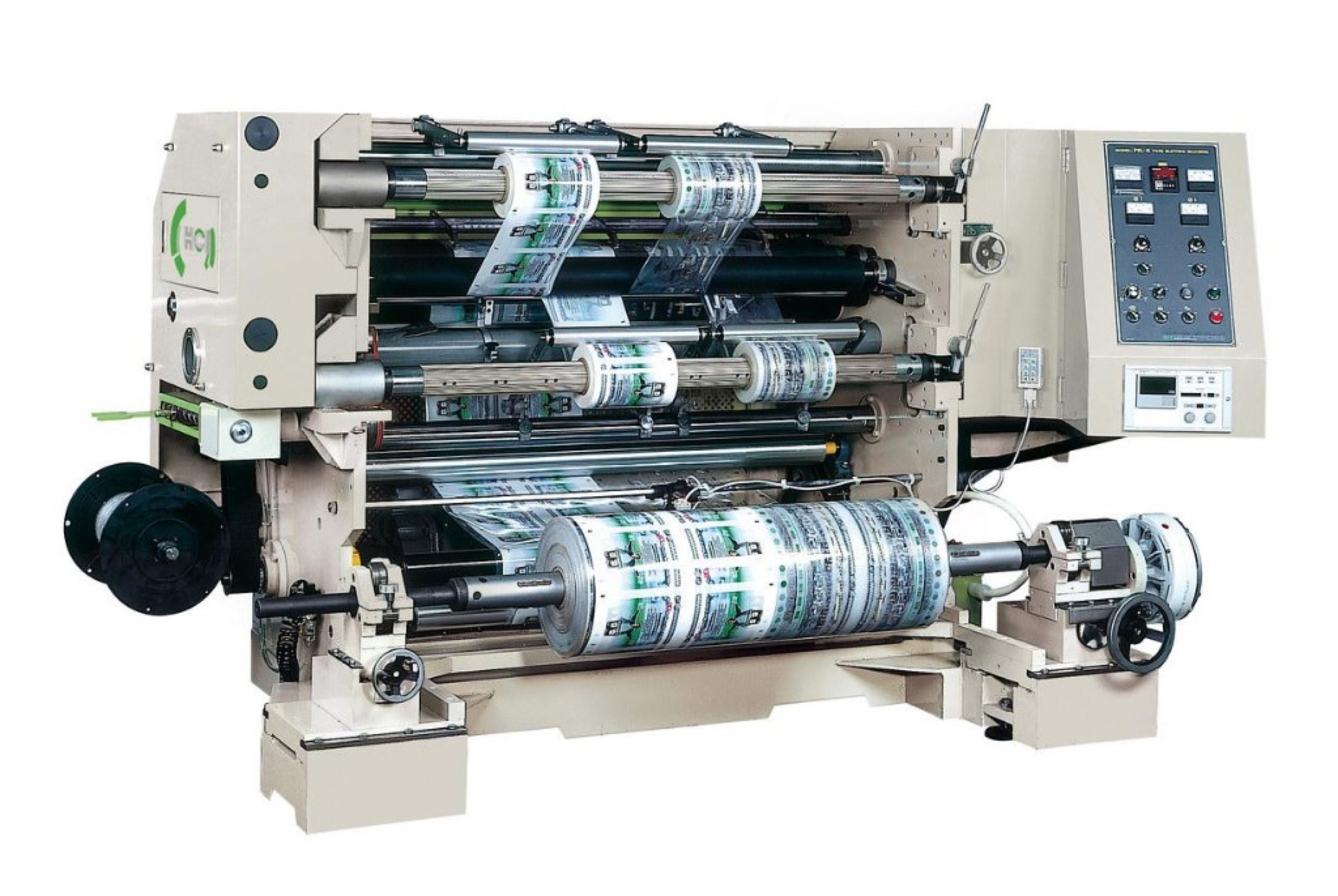 Slitting machine with roll handling.