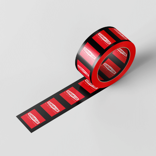 Tamper-evident security tape roll with repeating red labels.