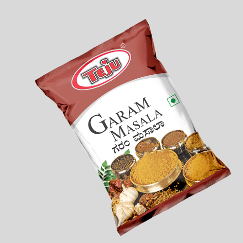 Teju garam masala retail pouch in product mockup style.
