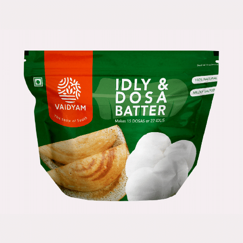 Idly and dosa batter stand-up pouch on a clean background.