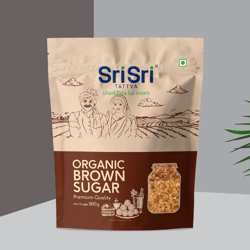 Organic brown sugar stand-up pouch on a mockup background.
