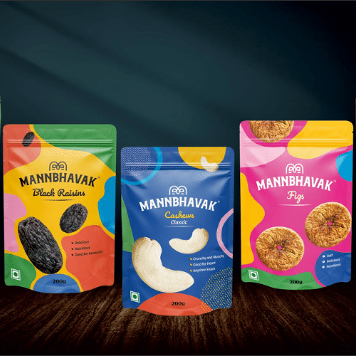 Three colorful dry fruit pouches displayed together.