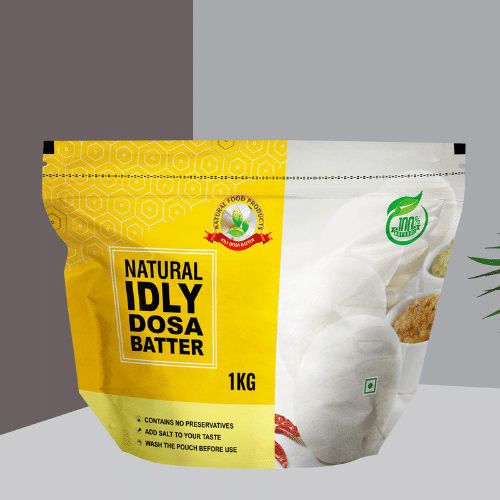 Natural idly dosa batter pouch on a mockup background.