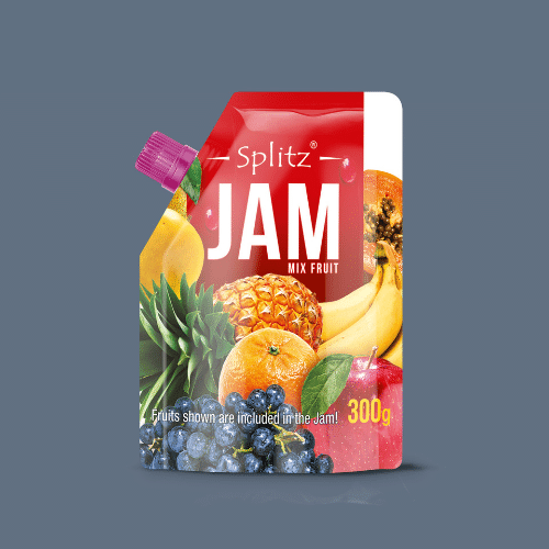 Fruit jam spout pouch on a blue studio background.