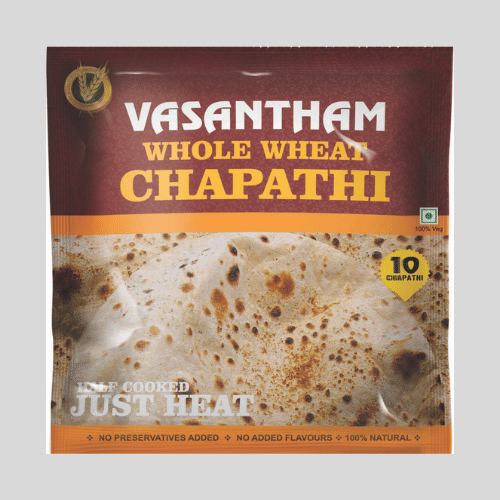 Chapathi packaging pouch on a plain background.