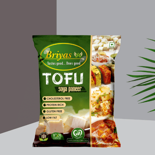 Tofu soya paneer pillow pack on a mockup background.