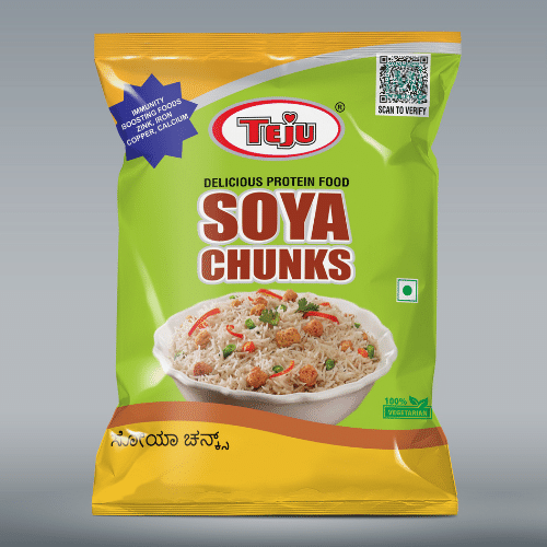 Soya chunks retail pouch on a plain background.