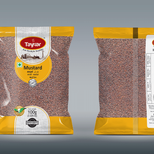 Front and back views of a mustard seeds transparent pack.