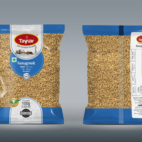 Front and back views of a fenugreek seeds transparent pack.