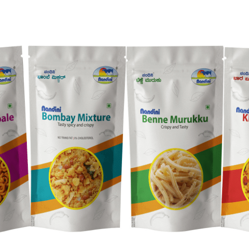 Assorted snack pouches displayed together as a product range.