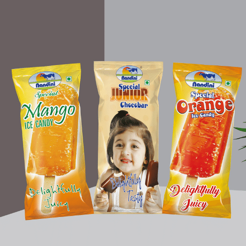 Ice candy pouch range with mango, choco bar, and orange variants.