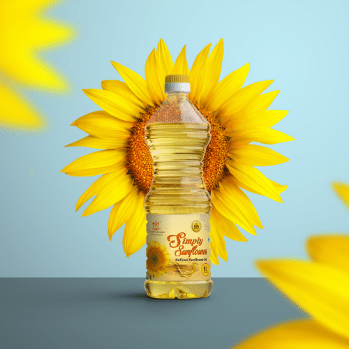 Sunflower oil bottle product shot with sunflower backdrop.