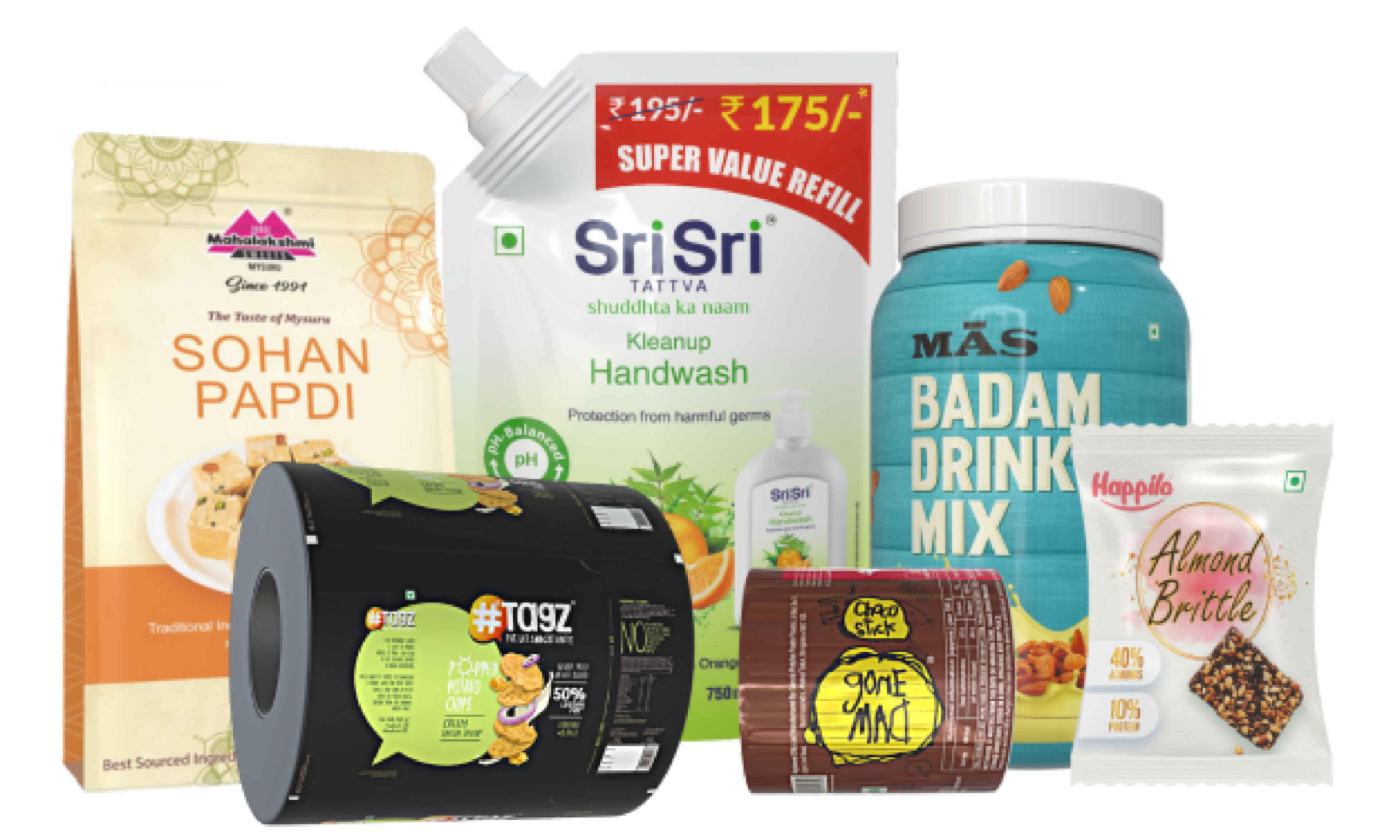 Printed flexible packaging: stand-up pouch, spout refill pouch, drink mix jar, laminated film rolls, and pillow pouch.